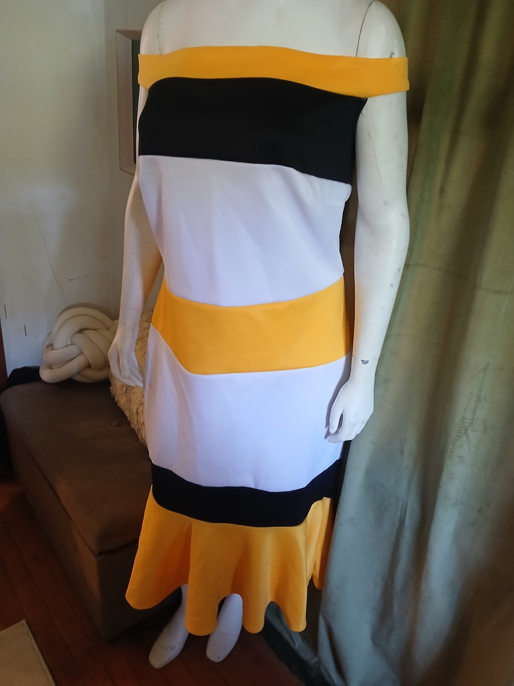 Striped Off-Shoulder Yellow, White & Black Midi Dress
